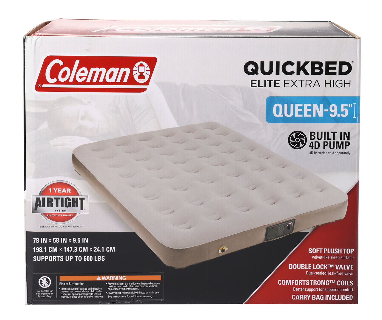 Coleman twin air mattress with outlet pump