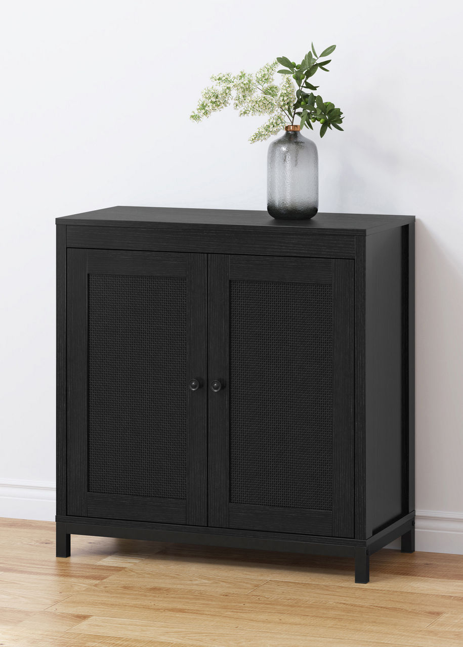 Ashlar Black Wood and Faux Cane Storage Cabinet with Drawers by World Market