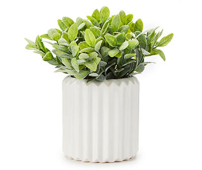 Green Artificial Greenery Arrangement With White Ridged Ceramic Pot