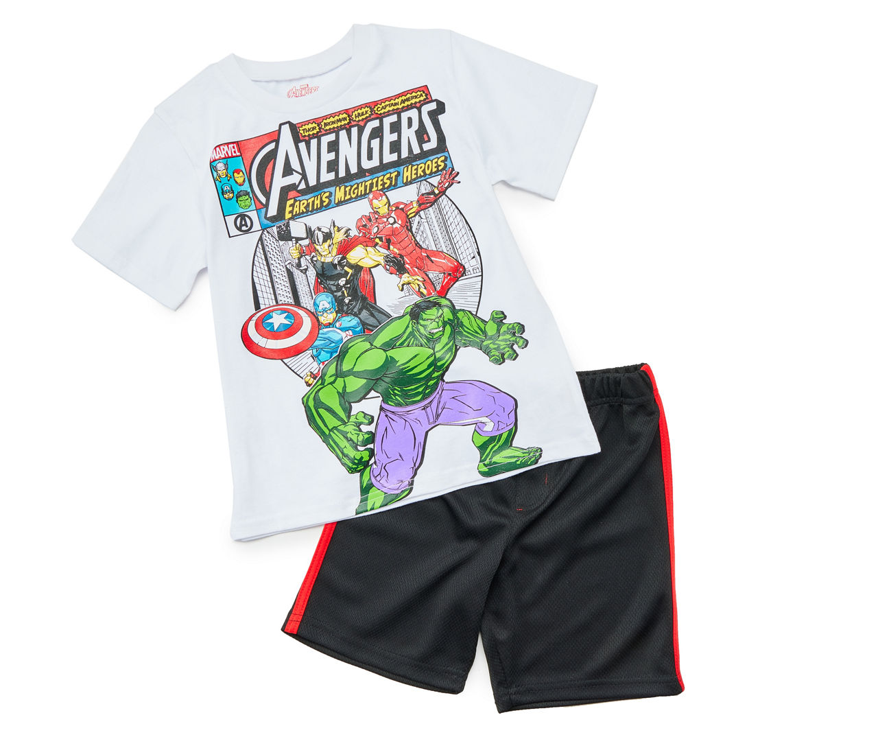 Toddler Size 4T "Avengers" White Comic Tee & Black Side-Stripe Shorts