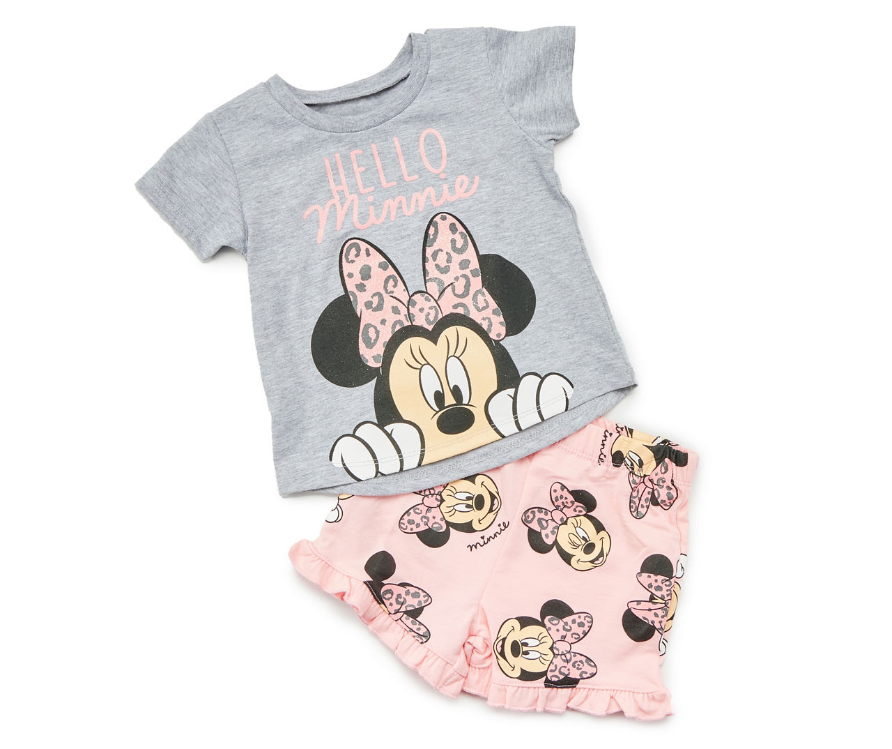 Baby Size 18M "Hello" Gray Minnie Mouse Tee & Pink Patterned Shorts
