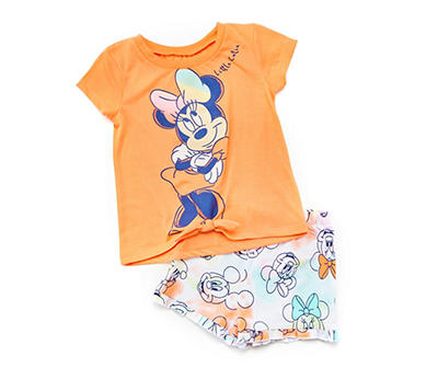 Disney Kids' Coral Minnie Mouse Tee & White Patterned Shorts