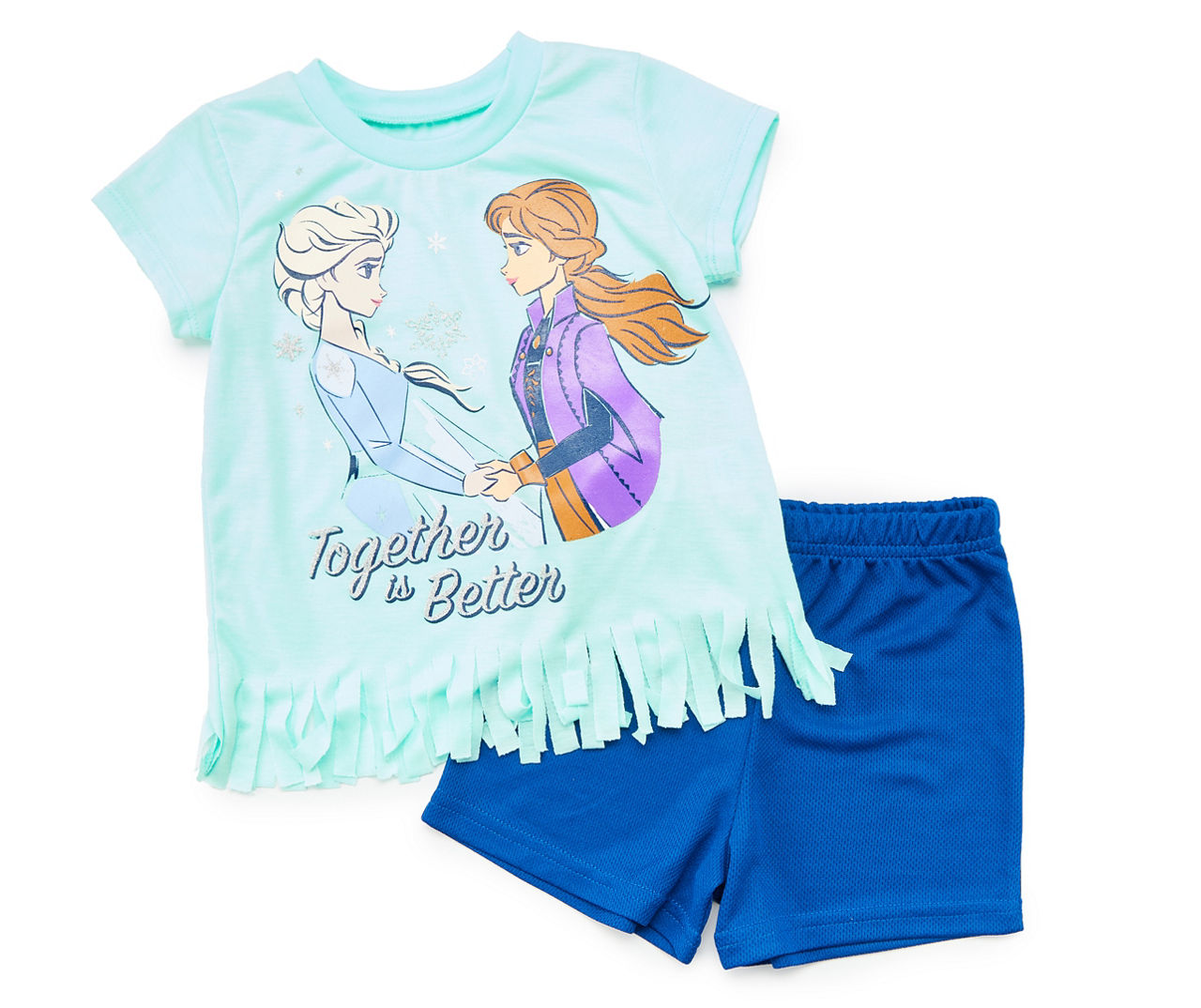 Kids' Size 5/6 Frozen "Together" Aqua Fringed Tee & Blue Shorts