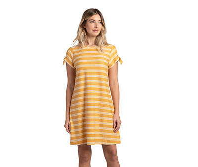 Women's Size XX-Large Gold & White Stripe Tie-Sleeve T-Shirt Dress