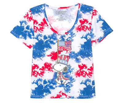 Peanuts Women's Red, White & Blue Americana Snoopy Tie-Dye Graphic Tee