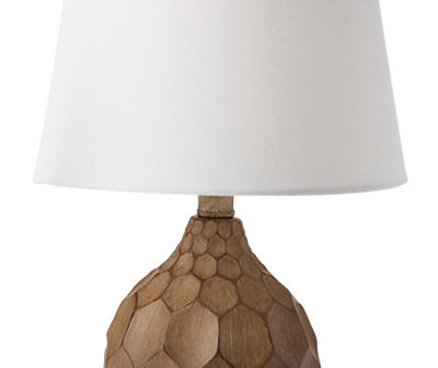 Brown Faceted Wood Table Lamp With White Shade