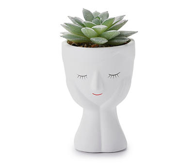 Green Artificial Succulent With White Ceramic Face Pot