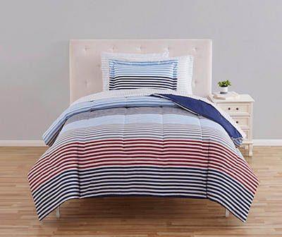 Blue & Red Stripe Microfiber Twin 6-Piece Bed-in-a-Bag Set