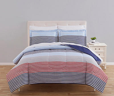 Blue & Red Stripe Microfiber King 9-Piece Bed-in-a-Bag Set