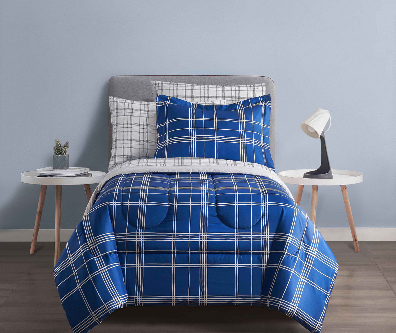 Blue Plaid Bed-in-a-Bag Reversible Twin 6-Piece Comforter Set