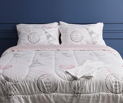White & Pink Paris Bed-in-a-Bag Reversible Queen 9-Piece Comforter Set