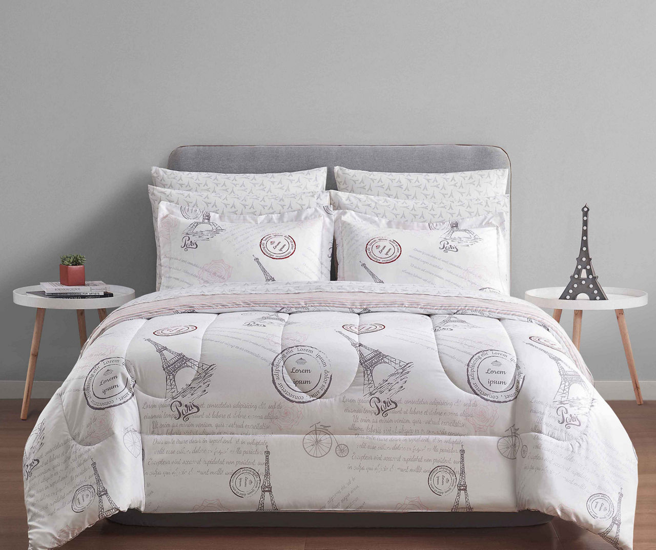 White & Pink Paris Bed-in-a-Bag Reversible Queen 9-Piece Comforter Set
