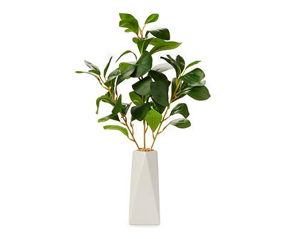 Green Artificial Leafy Stems With White Geometric Ceramic Vase
