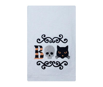 "Boo" White & Black Embroidered Symbols Hand Towel