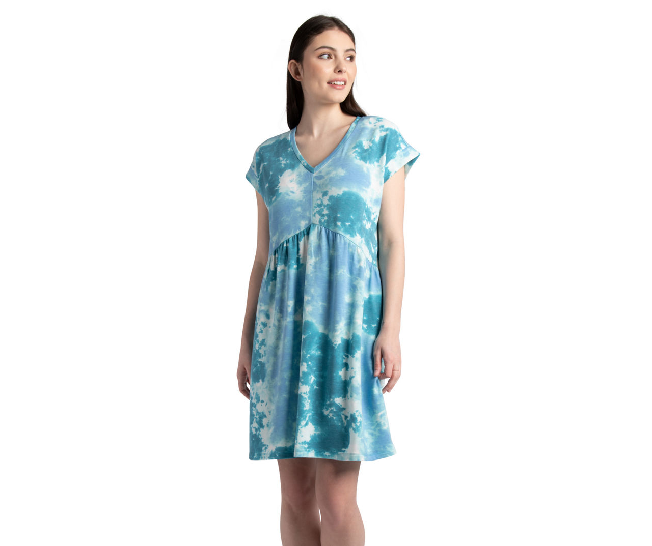 Women's Size X-Large Blue Tie-Dye Empire-Waist V-Neck Dress