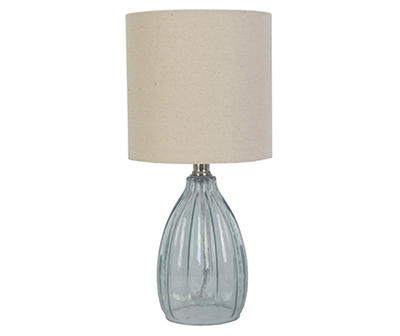 Light Blue Rib Glass Table Lamp With Beige Shade & Bulb