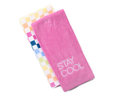 Pink & Multi-Color Ombre Checkerboard 2-Piece Hand Towel Set