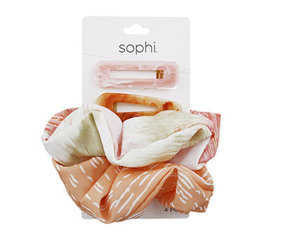 Orange & Pink Abstract Mixed 4-Piece Scrunchie & Hair Clip Set