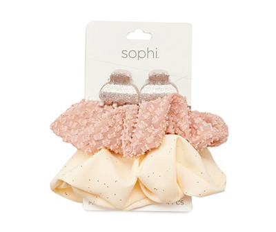 Pink & Cream Glitter Mixed 4-Piece Scrunchie & Hair Clip Set