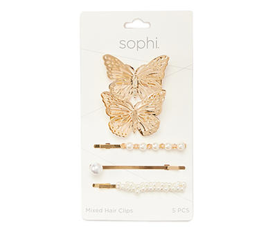 Gold & White Butterfly Mixed 5-Piece Hair Clip Set
