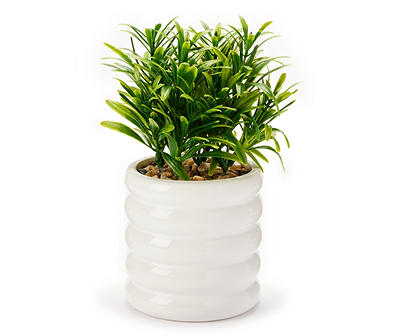 Green Artificial Leaf Plant With White Rippled Ceramic Pot