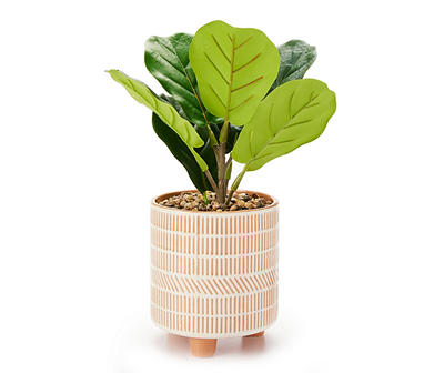 Green Leaf Artificial Plant With White Streak Pattern Ceramic Tripod Pot