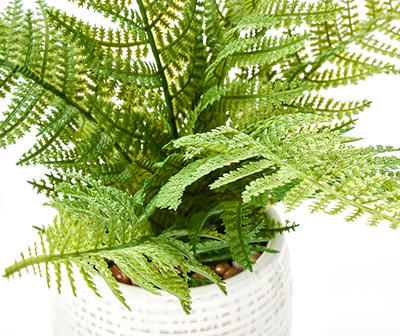 Green Artificial Fern With White & Tan Textured Ceramic Pot