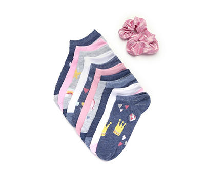 Elle Navy & Pink Hearts 10-Pair No-Show Socks Set With Scrunchie