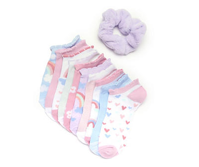 Elle Pink & Blue Rainbow Hearts 10-Pair No-Show Socks Set With Scrunchie