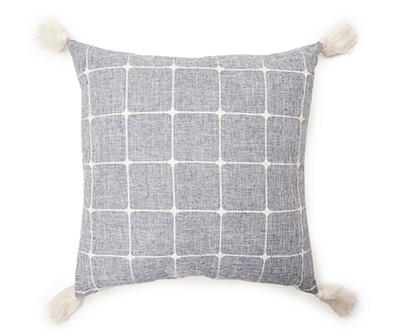 Blue & White Windowpane Grid Tassel-Accent Square Throw Pillow