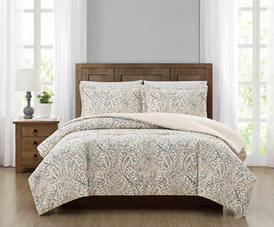 Tan & Blue Floral Mandala Queen 3-Piece Comforter Set