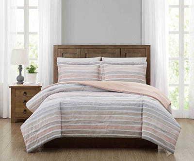 Brown & Blush Watercolor Stripe Queen 3-Piece Comforter Set