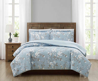 Steel Blue & Cream Cherry Blossom Queen 3-Piece Comforter Set