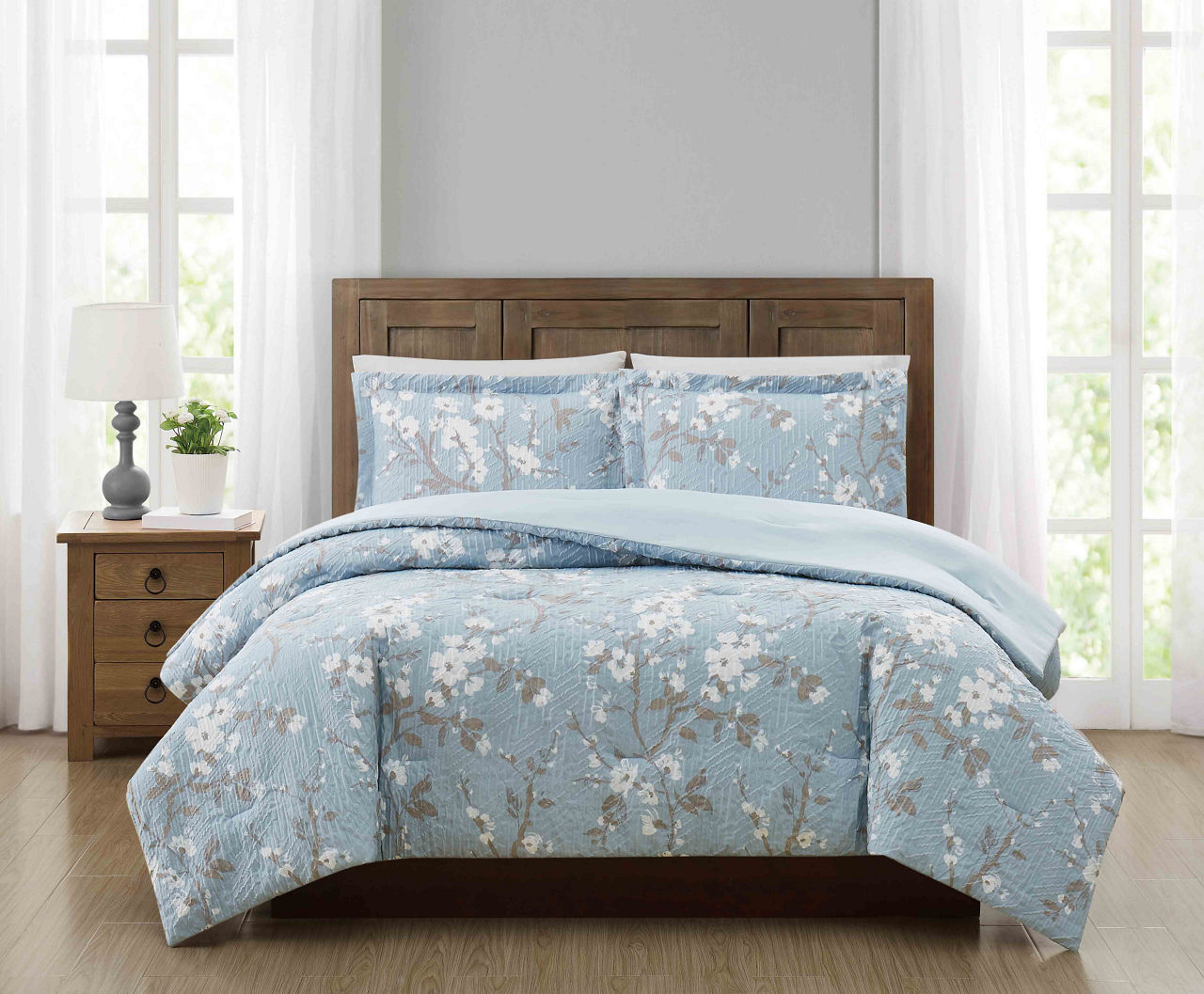 Steel Blue & Cream Cherry Blossom Queen 3-Piece Comforter Set