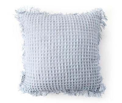 Celestial Blue Waffle-Knit Fringe-Trim Square Throw Pillow