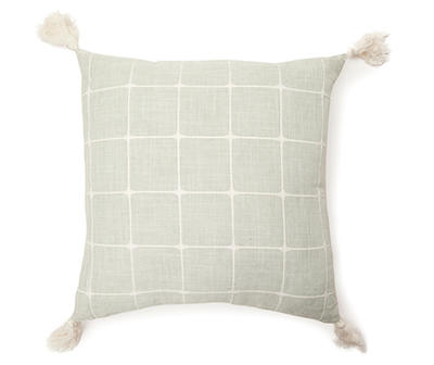 Sage Green & White Windowpane Grid Tassel-Accent Square Throw Pillow