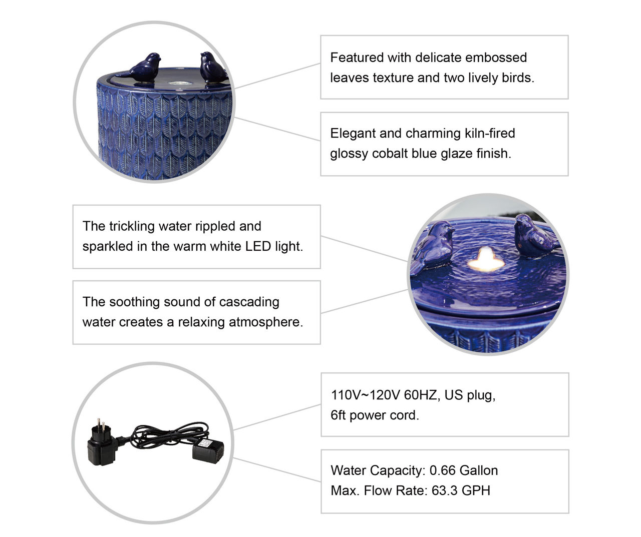 Blue Bird LED Ceramic Fountain