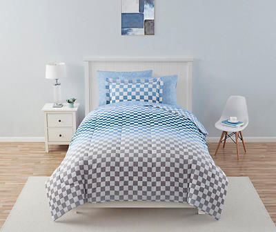 Blue & Gray Checkerboard Ombre Microfiber Twin 6-Piece Bed-in-a-Bag Set