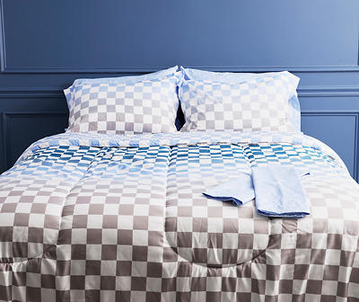 Blue & Gray Checkerboard Ombre Microfiber Full 9-Piece Bed-in-a-Bag Set