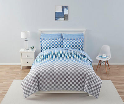 Blue & Gray Checkerboard Ombre Microfiber Full 9-Piece Bed-in-a-Bag Set