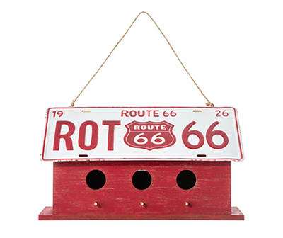 Red License Plate 3-Opening Wood & Metal Hanging Birdhouse