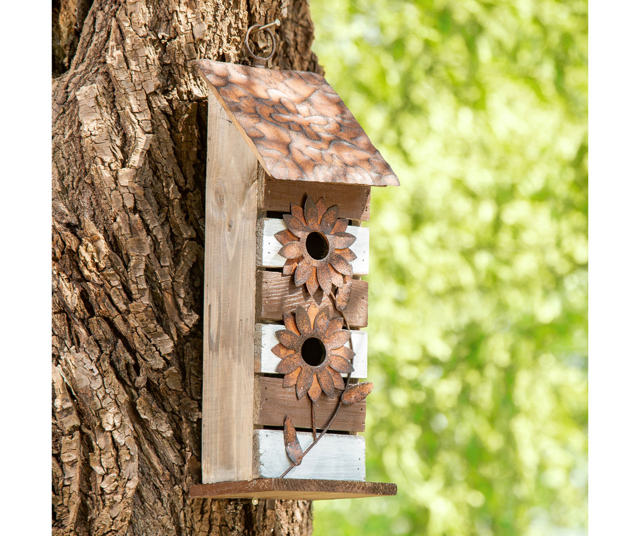 White Slat 2-Tier Flower Wood & Metal Birdhouse