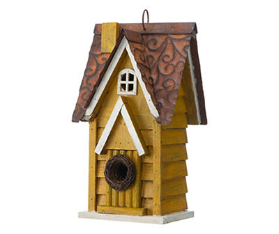 Yellow Shingle Home Wood & Metal Birdhouse