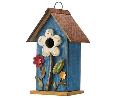 Blue Distressed Flower Wood & Metal Birdhouse