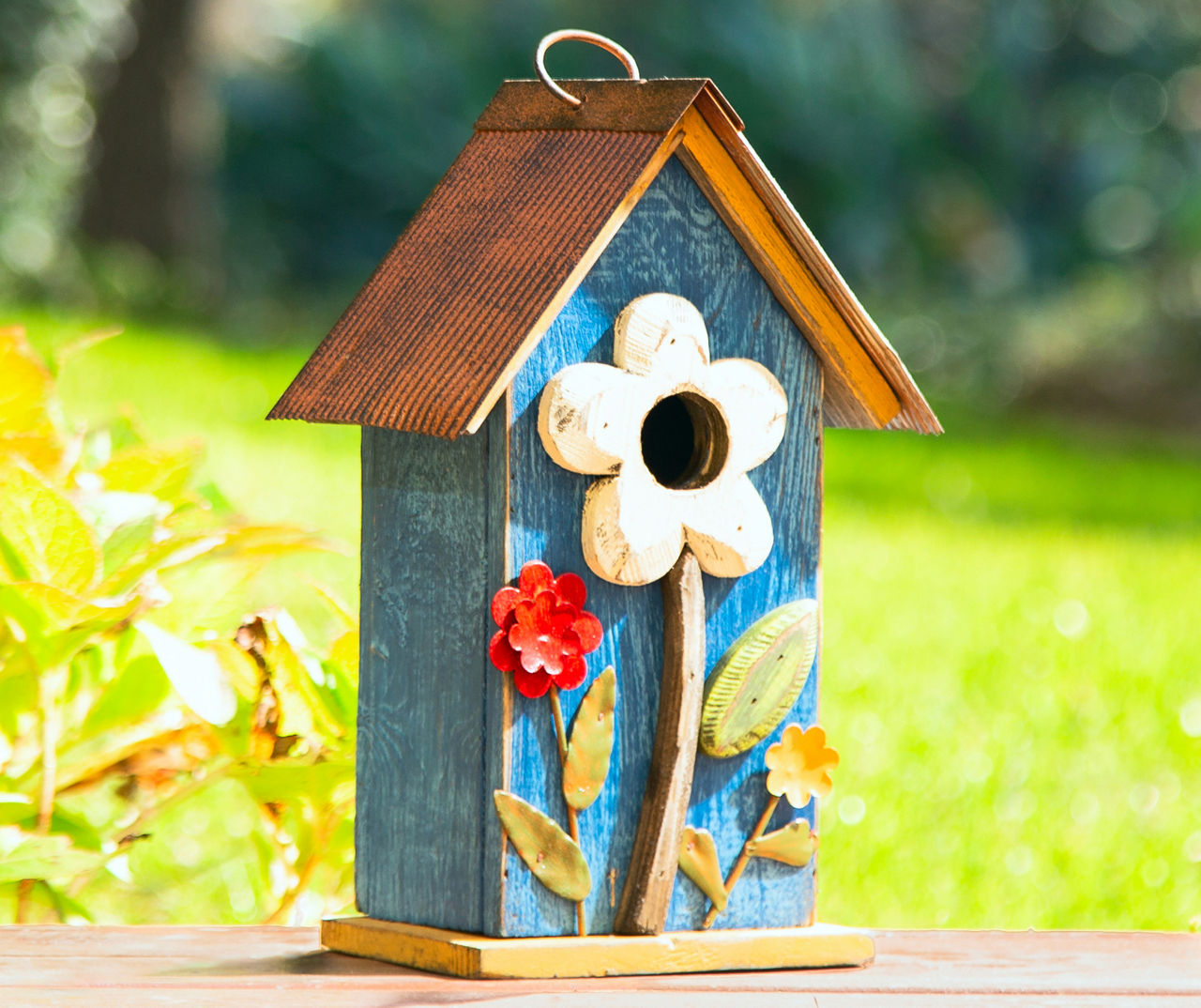 Glitzhome Blue Distressed Flower Wood & Metal Birdhouse | Big Lots