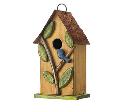 Yellow Bluebird & Leaves Wood & Metal Birdhouse