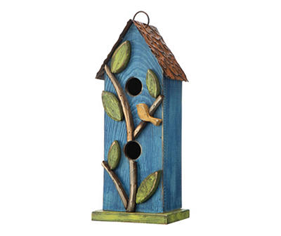 Blue 2-Tier Bird & Leaves Wood & Metal Birdhouse