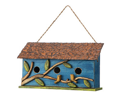 Blue 3-Opening Bird & Leaves Wood & Metal Hanging Birdhouse