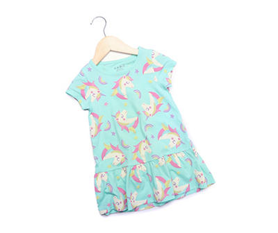 Toddler Size 2T Teal Unicorn Drop-Waist Dress