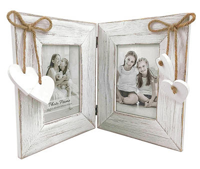 Distressed White Heart-Accent Double Picture Frame, (4" x 6")